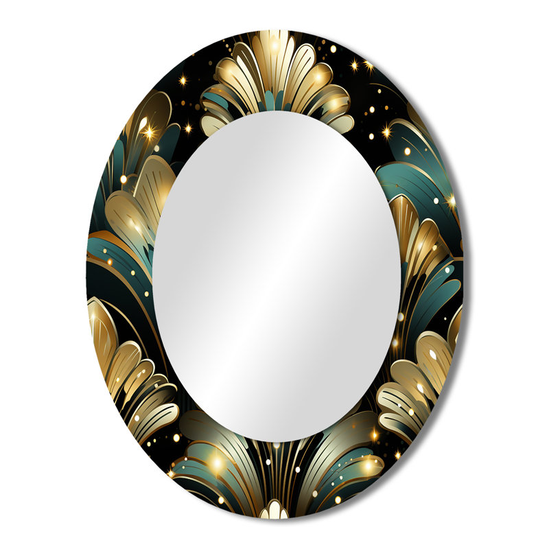 Rich Gold And Emerald Art Deco Glam Pattern - Modern Oval Wall Mirror, 43" H x 33" W