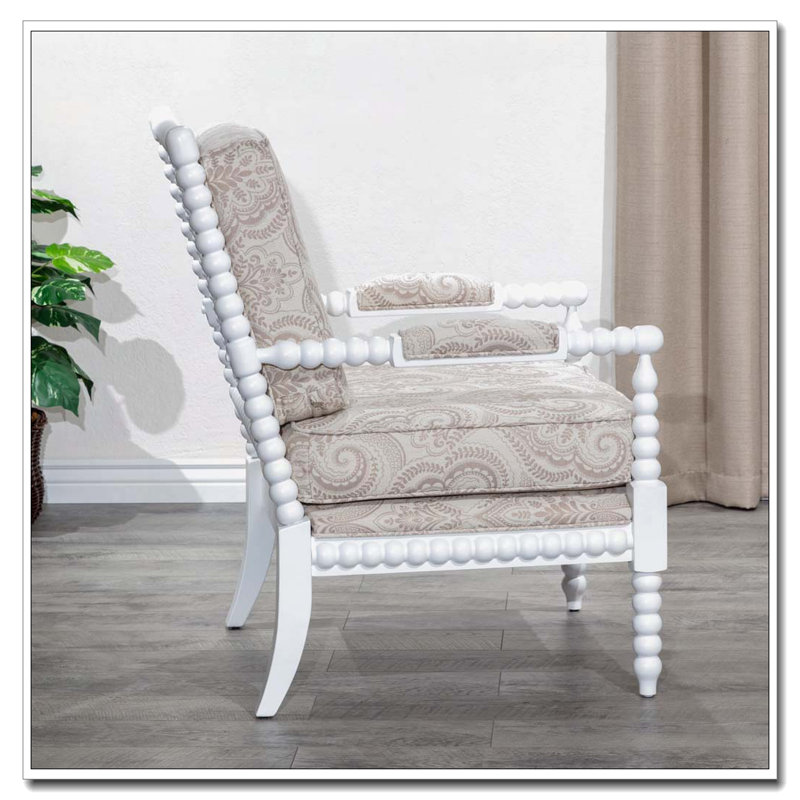 Spindle Chair, White Finish, Taupe Paisley Fabric