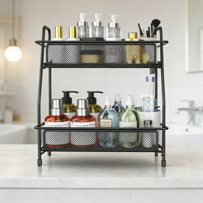 Organisateur de comptoir de salle de bain à 2 niveaux avec panier, plateau de meuble-lavabo en acier allié pour le rangement du maquillage et des articles de toilette, tablette de comptoir de cuisine peu encombrante et support à épices