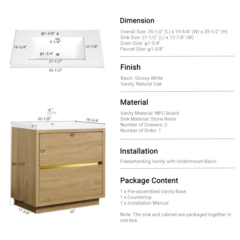 36" Freestanding Bathroom Vanity With Sink