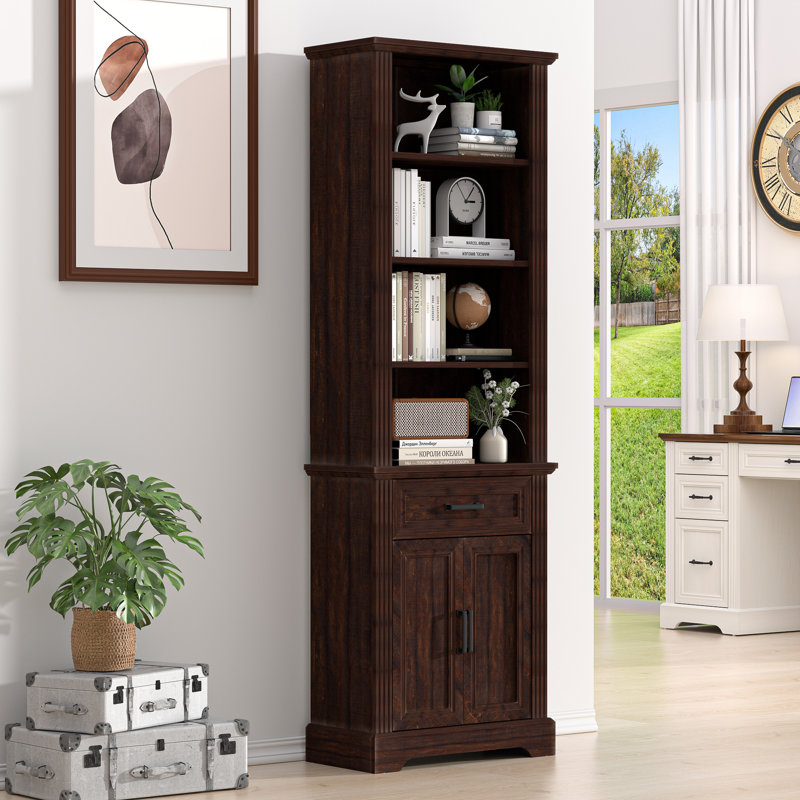 Bibliothèque à 5 niveaux avec bibliothèque réglable de 72 po avec portes et armoire de rangement, Brun