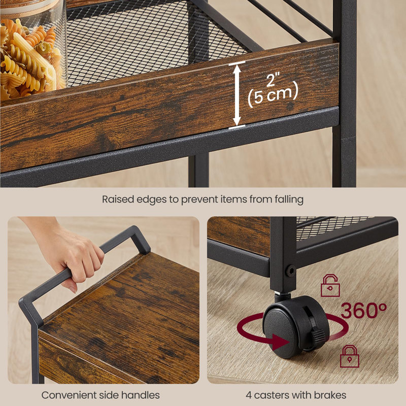 3-Tier Rolling Utility Cart with Table Top, Black/Rustic Brown