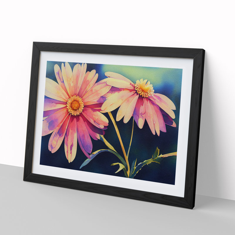 Charming Watercolour Daisy Flowers - Single Picture Frame Painting, 25cm H x 34cm W x 2cm D, Black