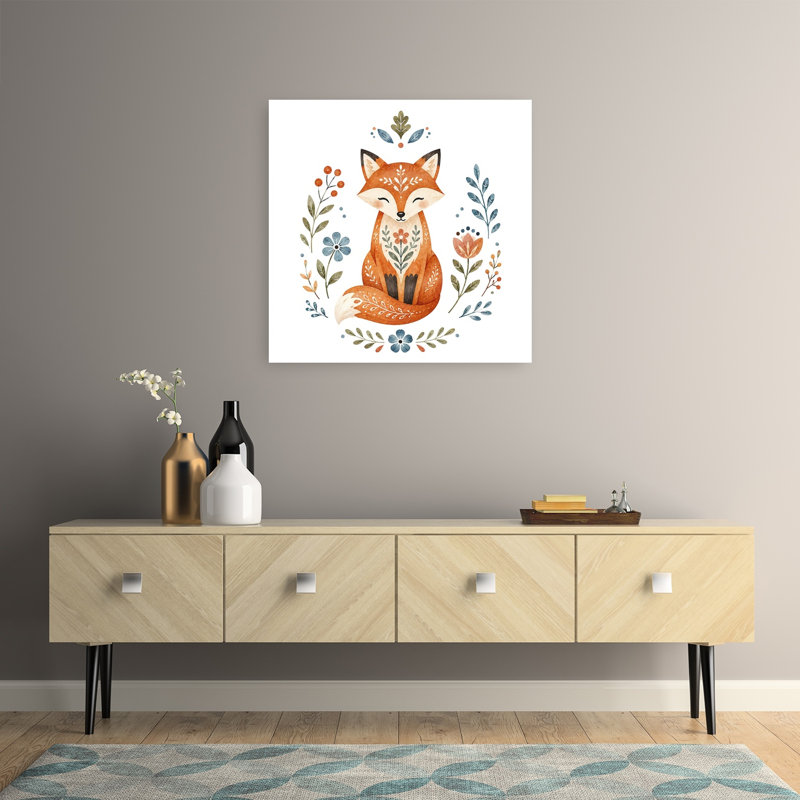 Sweet Folk Fox Peaceful Serene Abstract Fox Autumn Flower Wall Art Print, 32" H x 32" W