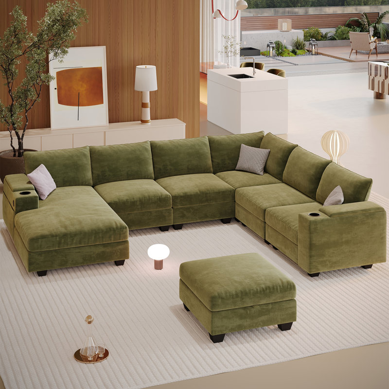 121"Oversized Modular Sectional Sofa With Storage Ottoman, U-Shaped Deep Seating Sofa With Chaise For Living Room, Green 