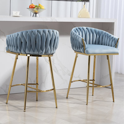 26'' Counter Height Bar Stools Set Of 2 Kitchen Island Counter Bar Stool With Hand- Wave Back, Golden Chromed Base And Footrest(BLUE)