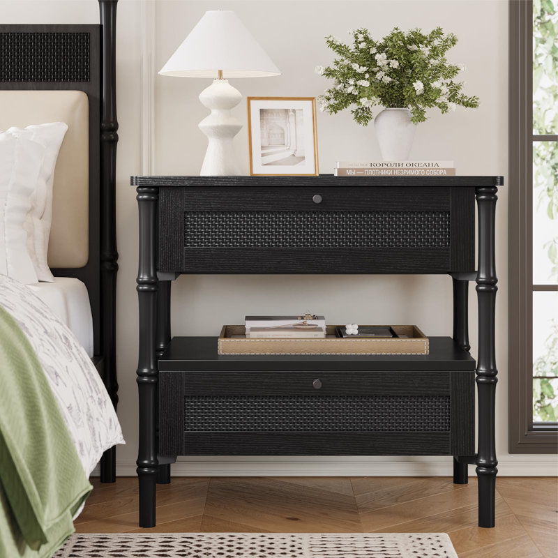 Ensemble de 2 tables de chevet en rotin avec station de charge, table de chevet, noir