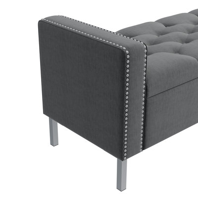 Square Arm Tufted Top Storage Bench Ottoman with Pewter Nailhead Trim in Plush Velvet in Charcoal Gray