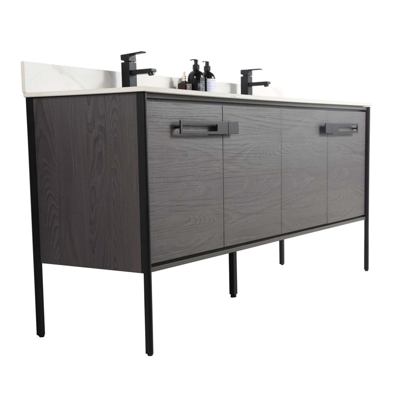 72 Double Bathroom Vanity, Black Coal Oak, Matte Black