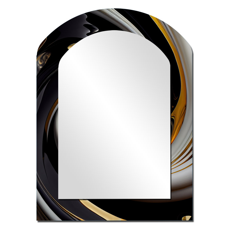 Gold And Black Stained Glass Spiral III - Abstract Spirals Arch Decorative Mirror, Modern Asymmetrical Large Wall Mirror, Printed Metal Art