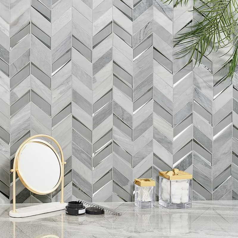 Kasol 11x13 Chevron Polished Marble and Mirrorerd Glass Mosaic Tile, Dove Mirror