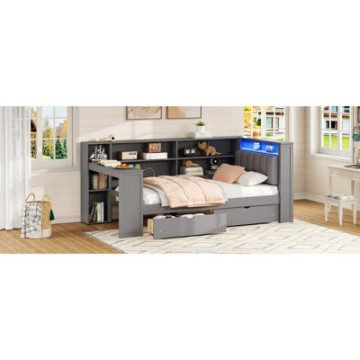 Wood Twin Size Platform Bed With Upholstered Headboard, Storage, Charging Station, Led Lights, Built - In Desk, Grey Shaded Style Featuring 8 Storage Shelves, 2 Drawers, Charging, Decor, Headboard