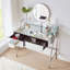 Bureau de coiffeuse à miroir avec miroir et lumières, coiffeuse à miroir avec 2 grands tiroirs et tablette ouverte