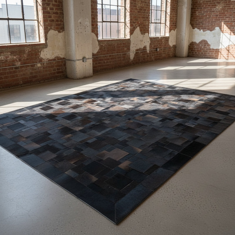Tapis en cuir de vache patchwork, tapis carré géométrique, noir naturel brun blanc, Rectangulaire 8 pi 10 po x 12 pi