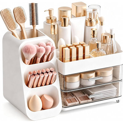 Makeup Organizer for Vanity - Large Skincare Organizers Countertop, Cosmetic Organizer with Brush Holder and 2 Drawer, Makeup Storage for Lipsticks, Nail Polishes, Eyeshadow Palettes, White