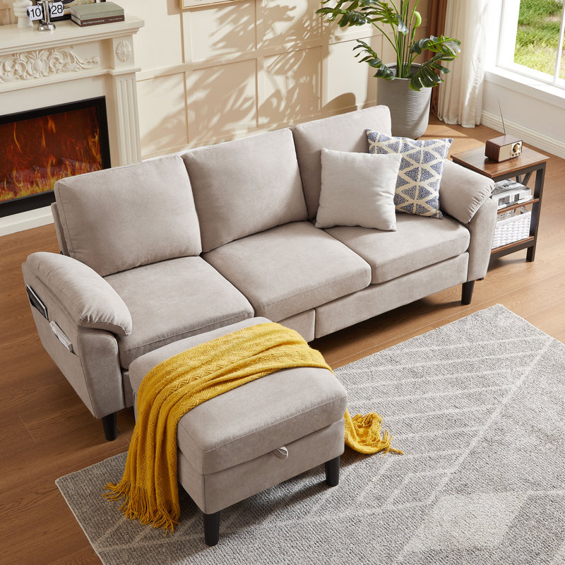 Canapé en L 79,72 po en forme de L avec repose-pieds, Velours côtelé beige