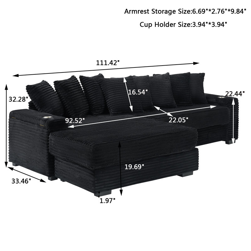 Chaise longue réversible de 111 po avec porte-gobelets, Velours côtelé noir