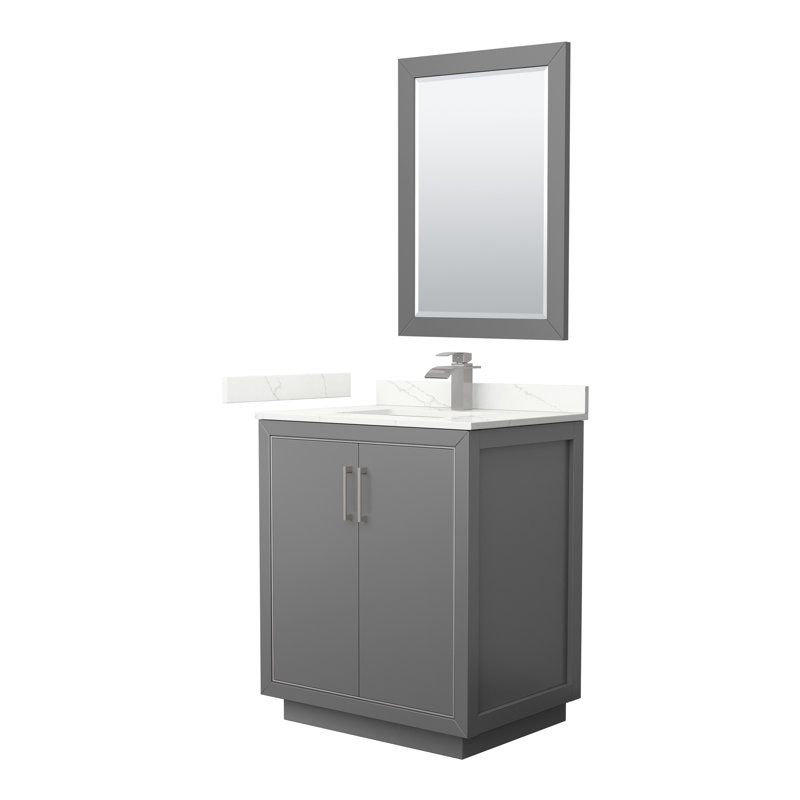30'' Single Bathroom Vanity with Quartz Top with Mirror, Giotto Quartz, Dark Gray, Brushed Nickel