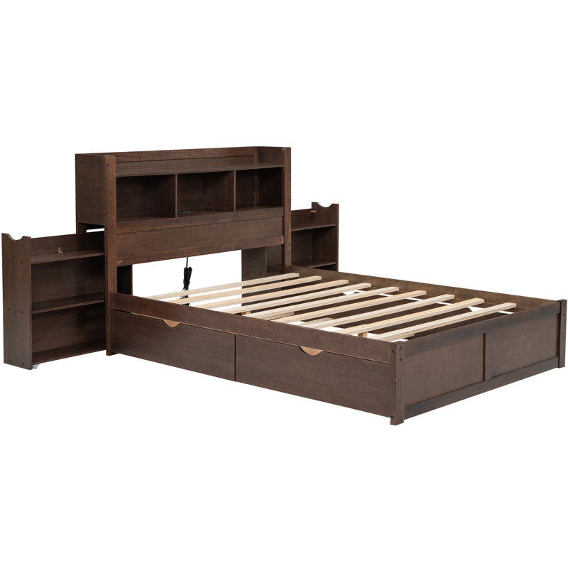 Lit plateforme double avec 2 tiroirs, lit gigogne simple et rangement escamotable, tablettes en bois robuste