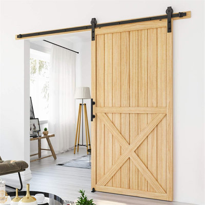 L'ensemble de quincaillerie de porte de grange coulissante robuste robuste de 8 pi Homlux comprend une poignée de porte ronde, un guide de plancher et un panneau de porte de 1 3/4 po (noir)