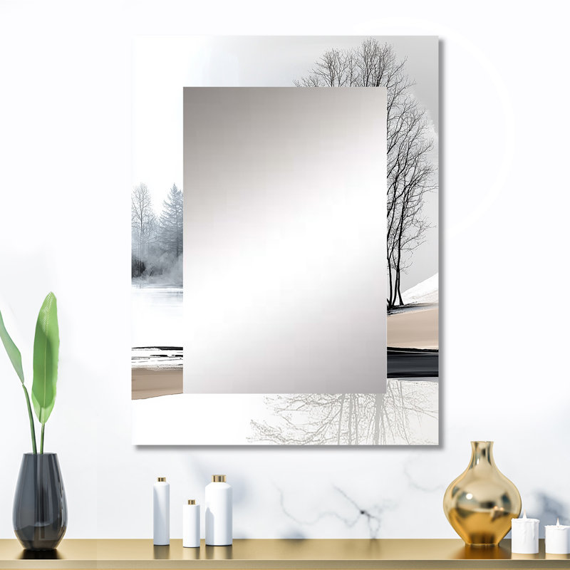 Paysage gris d'hiver au bord du lac III - miroir décoratif de paysage d'hiver, miroir mural traditionnel, impression sur métal