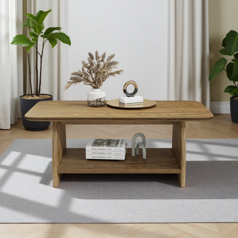Table basse de salon moderne de 47 pouces, table basse rectangulaire à double couche avec fonction de rangement, conception de coin arrondi, matériau en bois aggloméré