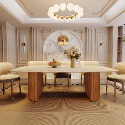 78.7" Stone Kitchen Dining Table For 8 With Solid Wood Legs, Sintered Stone Top, Semi-Circular Stripe Base