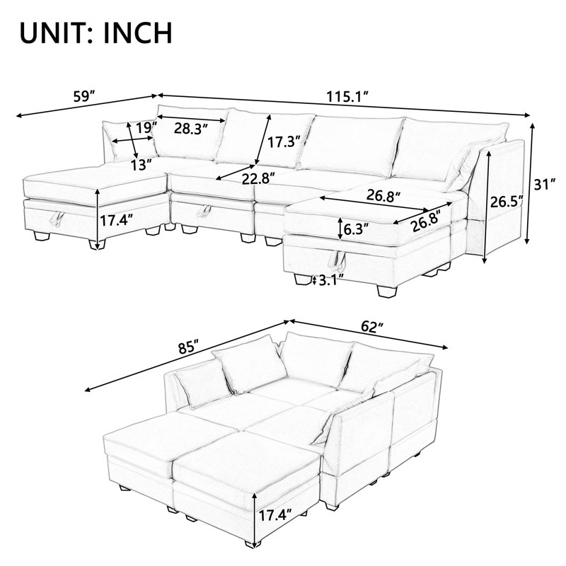 Reversible Modular Sleeper Sectional Sofa Bed, Light Green Linen Blend