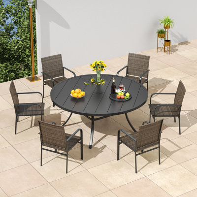 6-Person Patio Dining Set with 53" Round Metal Dining Table and 6 Stackable Rattan Armrest Chairs 