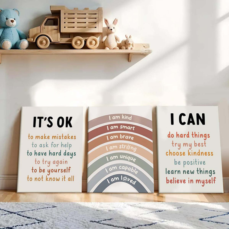 40*30,3-Pcs Children's Motivational Quotes Canvas Framed Wall Art: I Am Kind And Brave Wall Decor Artwork., 40 cm H x 30 cm W