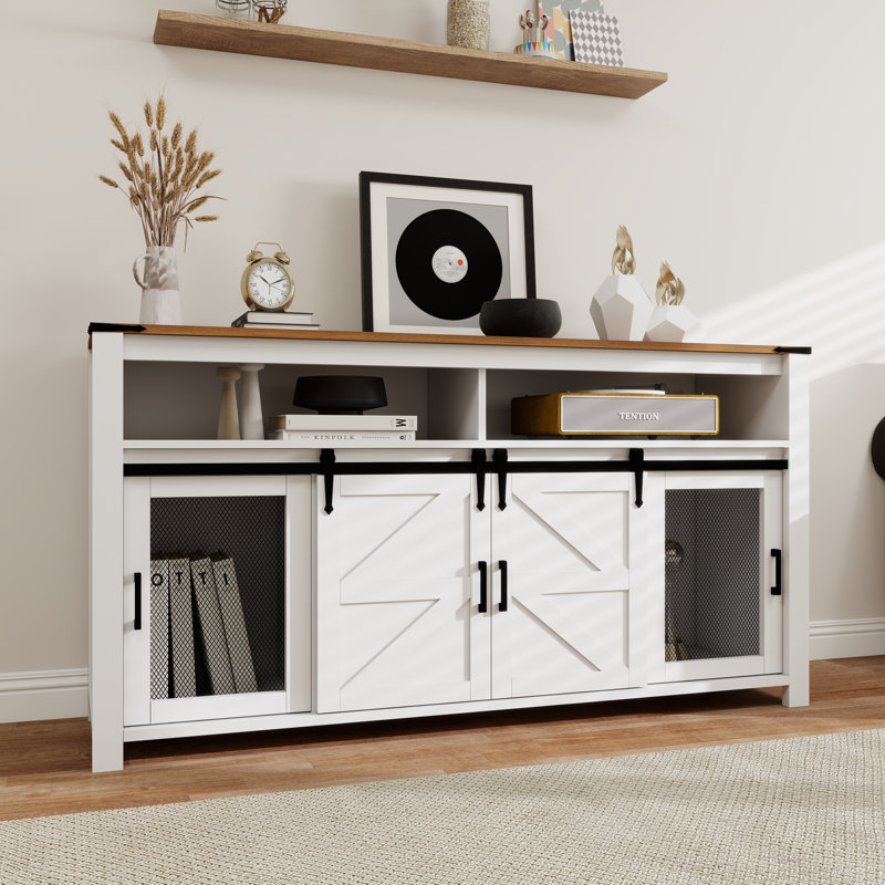 59'' Farmhouse Wooden Sideboard With Sliding Barn Door And Mesh Panels, White/Brown