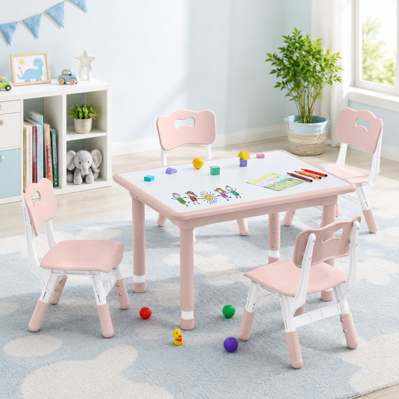 Kids Table and 4 Chairs Set, Height Adjustable (17.7"-26.1") Toddler Table and Chair Set, Multi-Activity Table with Graffiti Desktop, Children’s Table and Chairs for Classroom, Home & Daycare