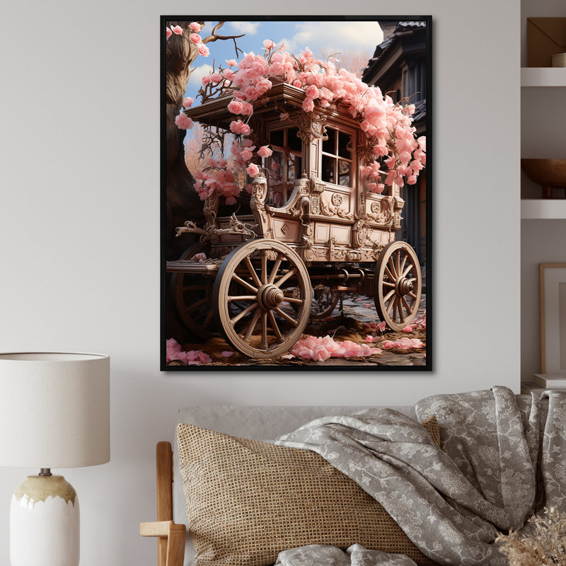 Romantisme, chariot de mariage rose I, Cadre flottant noir, H 44 po x l 34 po
