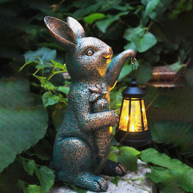 Statues de jardin solaires - Lanterne en résine fabriquée à la main en résine avec lumière DEL, support de carotte mignon pour patio, jardin, idées cadeaux (Rabbit2)