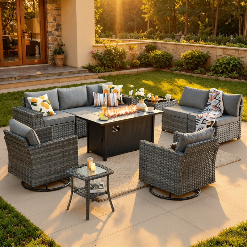 Bobia Wicker 7 - Person Modular Patio Conversation Set with Cushions, Grey