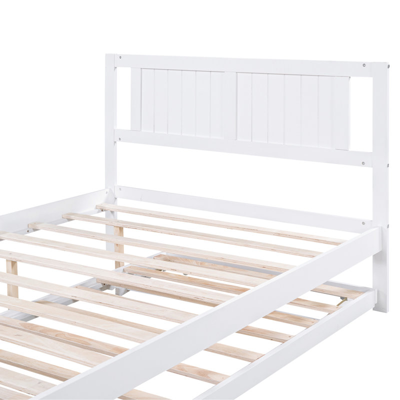 Lit plateforme blanc avec lit gigogne réglable en bois de pin et pour une durabilité à partir de matériaux, Blanc