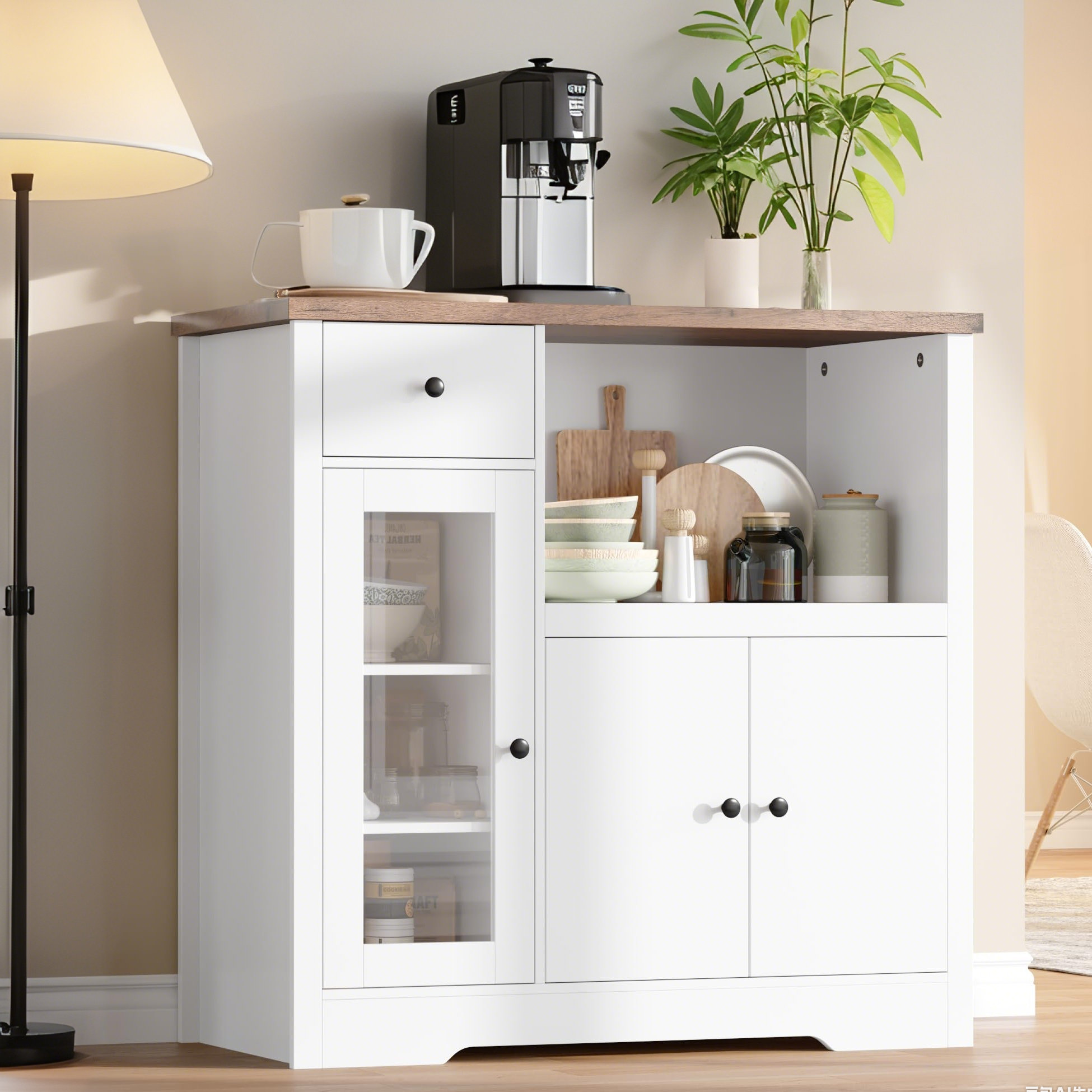 Ebern Designs Senfot Kitchen Microwave Cabinet with Storage and Drawers, Modern Small Buffet Cabinet with Glass Doors and Adjustable Shelf, Wooden Sideboard with Wide Top for Dining Room, Living Room & Reviews | Wayfair