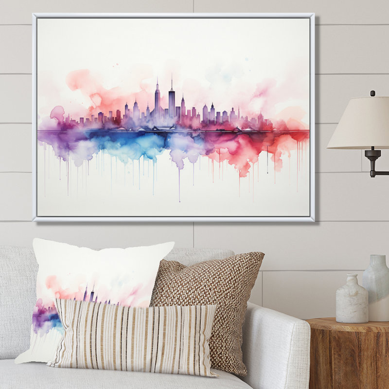 «Colorful Minimalist Skyline City II», reproduction d'art sur toile, H 12 po x l 20 po x P 1 po, Cadre flottant blanc
