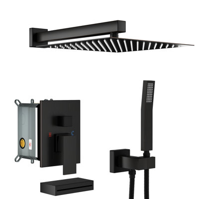 Shower System With Tub Spout - 12" Square Rainfall Head, Handheld, Oil Rubber Bronze, -balanced, 12 Inch , -balanced Valve, Wall Mounted, Easy Installation, Adjustable Water Flow, Head Shape,