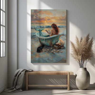 1pc Framed Canvas Wall Art Prints Poster, Vintage Beach Shells Wall Art, Black Cat Mermaid Art Posters Canvas Print Painting for Living Room Bedroom Office Bathroom Dorm Home Decor, Ready To Hang