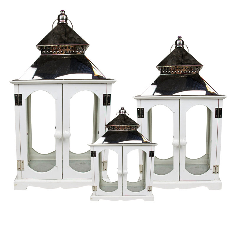 Ensemble de 3 lanternes porte-bougie en acier inoxydable blanc et blanc 3 pièces 15-30,5 "Country Vineyard