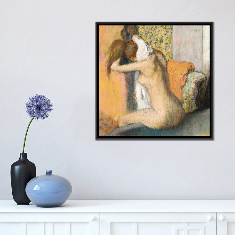 «After The Bath» par Edgar Degas, impression sur toile tendue, H 18 po x l 18 po x P 1,5 po, Toile avec cadre noir