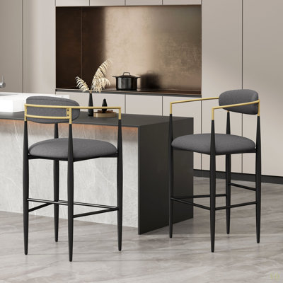 Ensemble de 2 tabourets de bar, tabourets de bar rembourrés avec dossier et pieds en fer pour îlot de cuisine, assise en tissu d'une capacité de poids de 260 lb