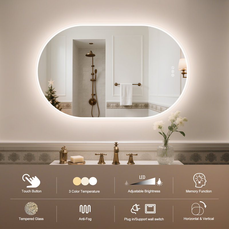 Ahmiyah Oval LED-Bathroom-Mirror/ Anti-Fog/ Dimmable/ Color Changing/ Bluetooth/ Tempered glass, 35.5" x 24"