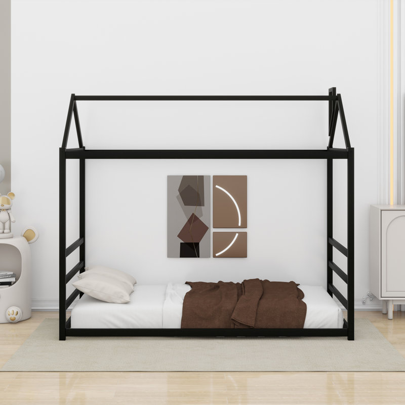 Metal House Shape Platform Bed, Black, Twin