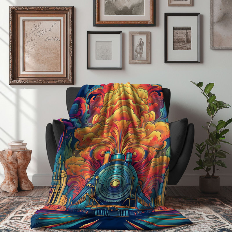 Machine à vapeur multicolore - couverture en sherpa de qualité supérieure 1 pièce - impression d'art luxueux, Lit simple