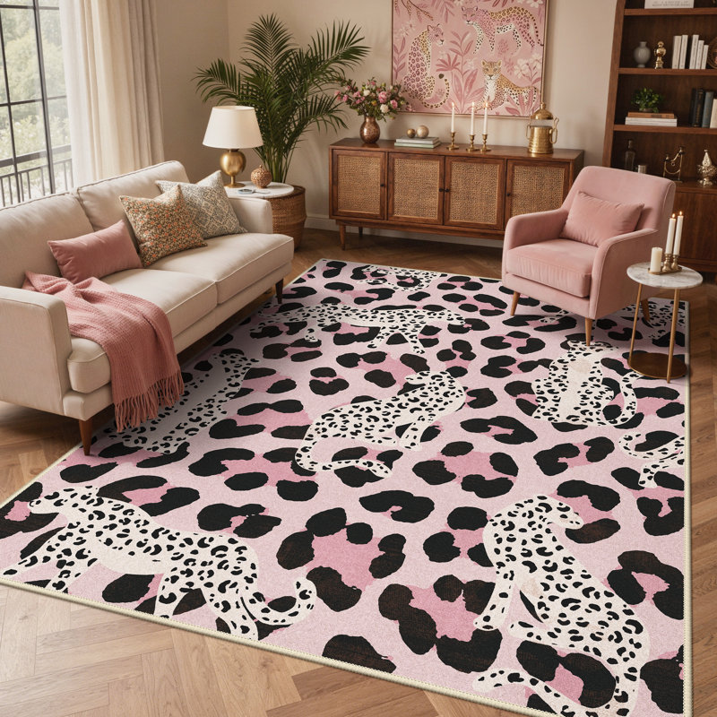 Tapis d'intérieur imprimé léopard / rosé lavable à la machine Aldovin, Rectangle 6 pi x 9 pi