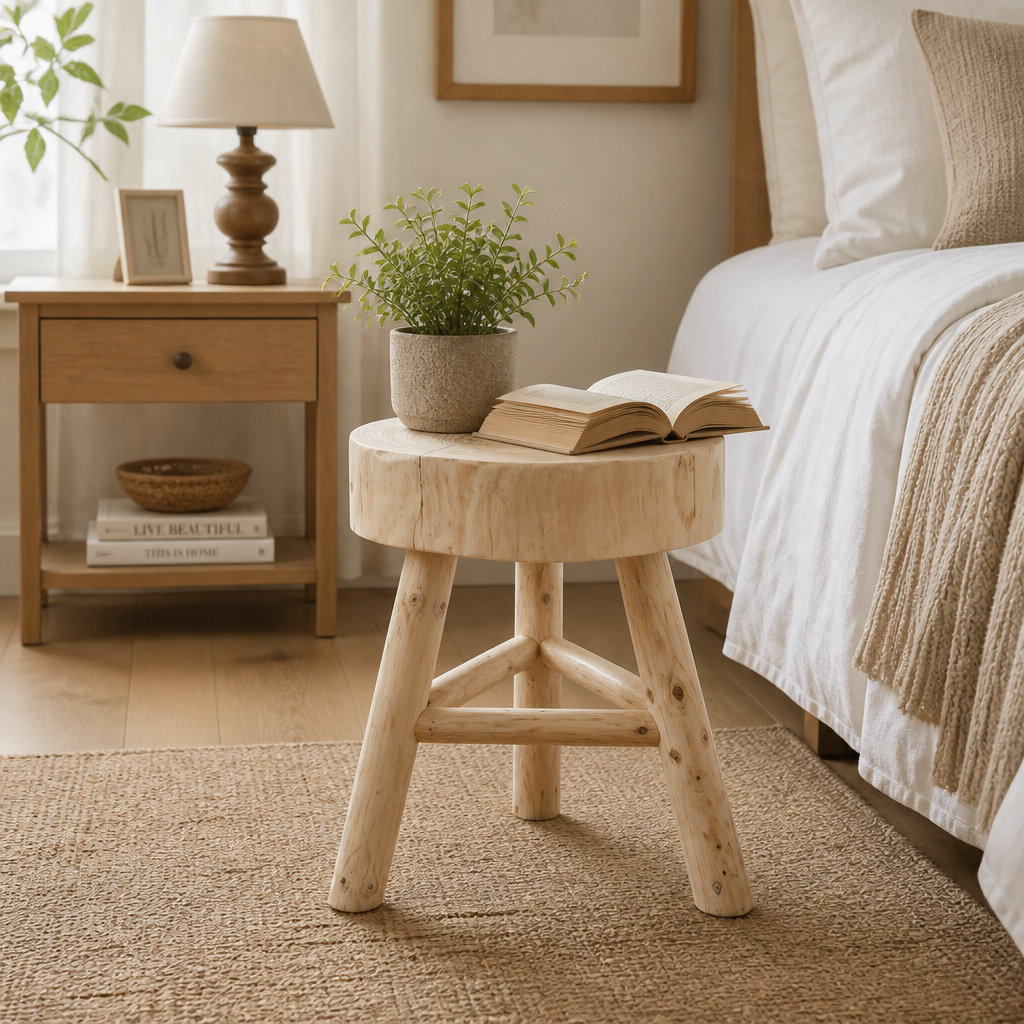 Paulownia Wood Accent Stool, Ivory/Beige