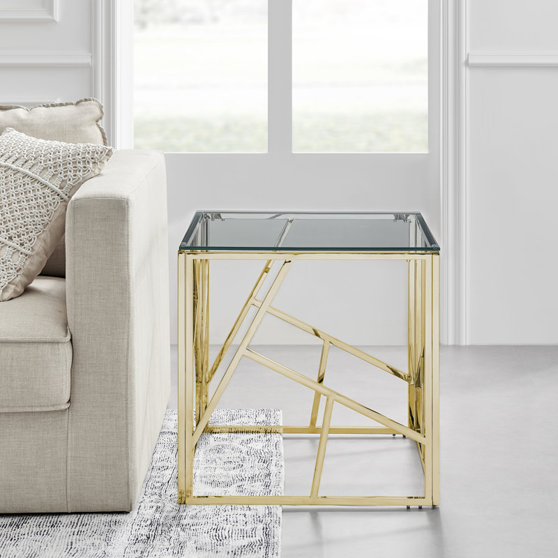 Alma Luxury Frame Glass Side Sofa Table - Modern Glam Design, Gold