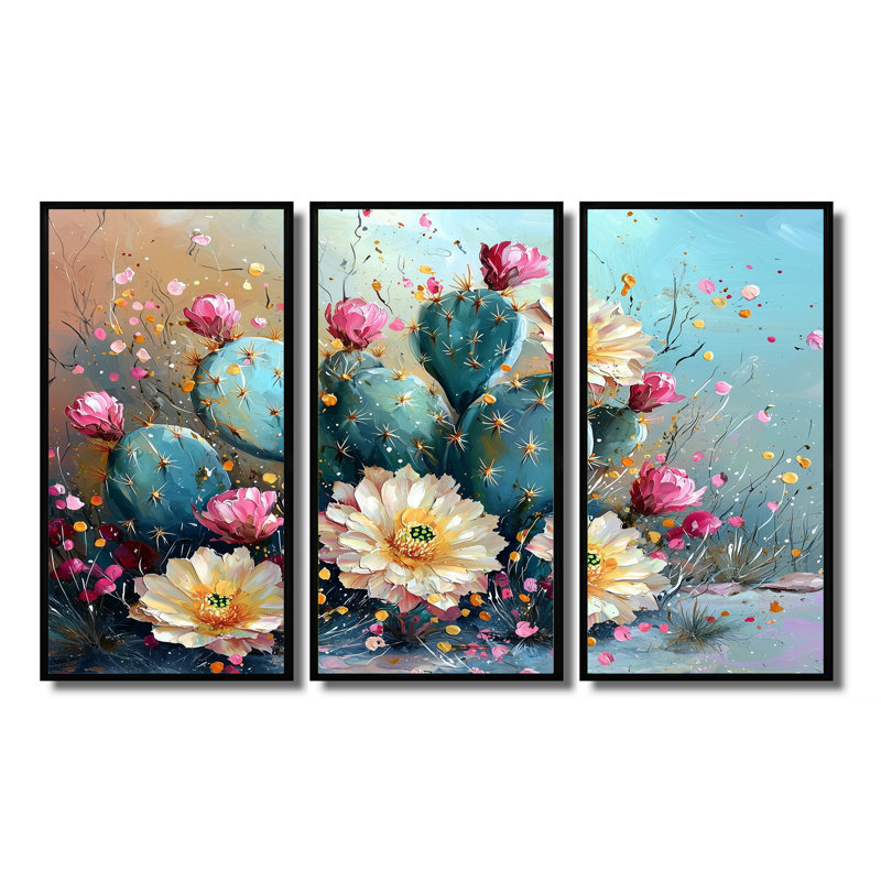 Cactus jaune et vert - art mural cactus - ensemble de 3, H 28 po x l 36 po, Noir, Impression encadrée sans passe-partout